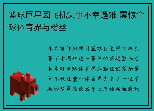 篮球巨星因飞机失事不幸遇难 震惊全球体育界与粉丝